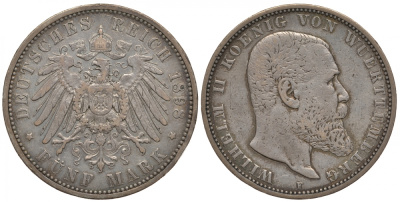 Вюртемберг 5 марок 1898 F, Вильгельм II (1891-1918) Weege 172, J. 176, KM 632 серебро 1067-1-34