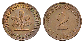 ФРГ 2 пфеннига 1965 F KM 106, J. 381 бронза 211-653
