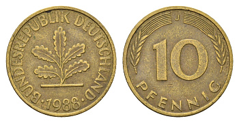 ФРГ 10 пфеннигов 1988 J KM 108, J. 383 сталь плакированная латунью 4684-1218