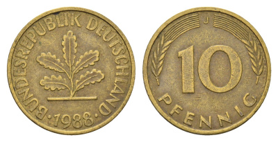 ФРГ 10 пфеннигов 1988 J KM 108, J. 383 сталь плакированная латунью 4684-1218