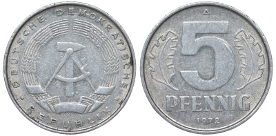 ГДР 5 пфеннигов 1972 A KM 9.1 алюминий 62-251