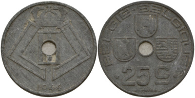 Бельгия 25 сантимов 1944 Belgie - Belgique, Леопольд III (1934-1947), германская оккупация, Вторая мировая война KM 132 цинк 4157-614