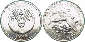 Барбадос 50 долларов 1984 FAO, крылатые рыбы, тираж 3600 экземпляров KM 42 серебро UNC 11-166-45