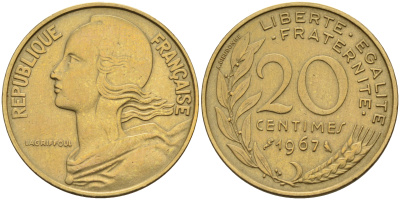 Франция 20 сантимов 1967 тип Marianne KM 930 медь алюминий никель    4595-1051