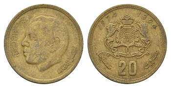 Марокко 20 сантимов 1974 AH1394, Аль Хассан II (1962-1999), Y 61 медь алюминий никель 4703-216