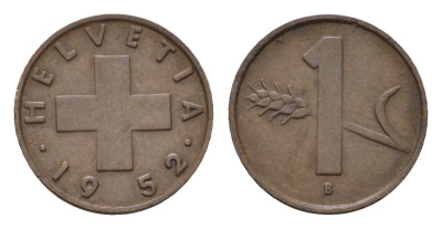 Швейцария 1 раппен 1952 KM 46 бронза 4685-221