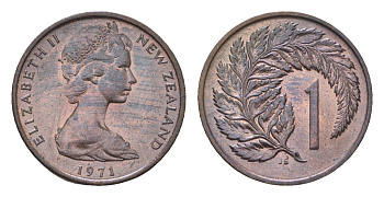 Новая Зеландия 1 цент 1971 Елизавета II (1952-2022), лист папоротника KM 31.1 бронза UNC 4690-825