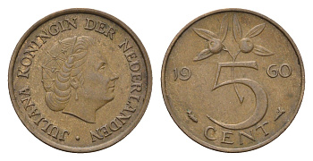 Нидерланды 5 центов 1960 Юлиана (1948-1980) KM 181 бронза 4685-117