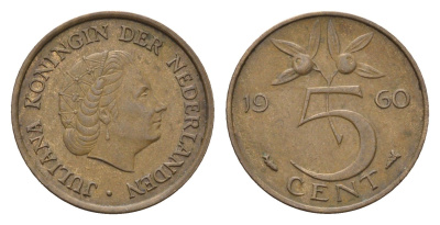 Нидерланды 5 центов 1960 Юлиана (1948-1980) KM 181 бронза 4685-117