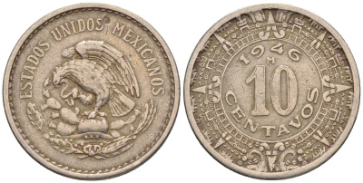 Мексика 10 сентаво 1946 KM 432, Schoen 36 медно-никель 4116-1227