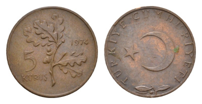Турция 5 курушей 1974 KM 890.3 бронза 4684-1226