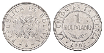 Боливия 1 боливиано 2008 KM 205 нержавеющая сталь UNC 4132-653