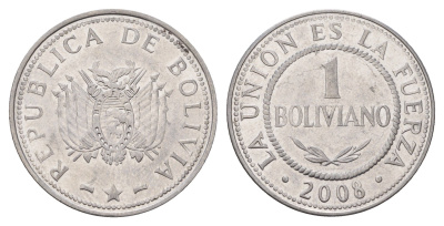 Боливия 1 боливиано 2008 KM 205 нержавеющая сталь UNC 4132-653