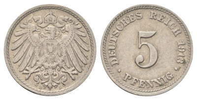 Германия 5 пфеннигов 1913 D KM 11, J. 12 медно-никель 4701-1056