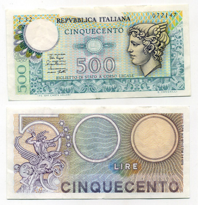 Италия 500 лир 1979 Меркурий Pick 94 бумага 6279-3-2-2