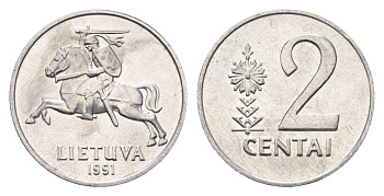 Литва 2 цента (сента) 1991 год-тип KM 86 алюминий UNC 4689-1035