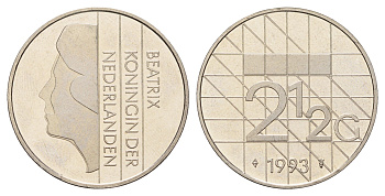 Нидерланды 2 1/2 гульдена 1993 Беатрикс (1980-2013), редкий год KM 206 никель UNC 4367-623