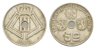 Бельгия 5 сантимов 1939 Belgie - Belgique, Леопольд III (1934-1947) KM 111 никель латунь 4640-1052