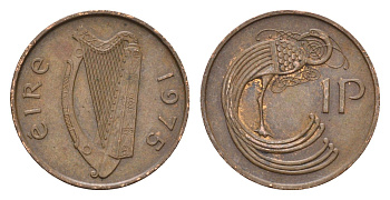 Ирландия 1 пенни 1975 мифологическая птица лира KM 20 бронза 4687-928