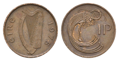 Ирландия 1 пенни 1975 мифологическая птица лира KM 20 бронза 4687-928