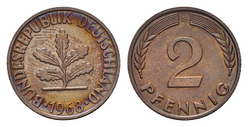 ФРГ 2 пфеннига 1968 G KM 106, J. 381 бронза 3458-728