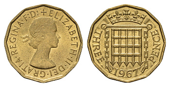 Великобритания 3 пенса 1967 Елизавета II (1952-2022) KM 900, Spink 4153 никель латунь UNC 68-644