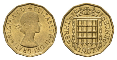 Великобритания 3 пенса 1967 Елизавета II (1952-2022) KM 900, Spink 4153 никель латунь UNC 68-644