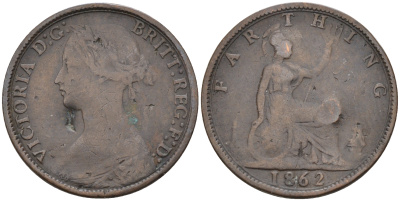 Великобритания 1 фартинг 1862 Виктория (1837-1901) KM 747.2, Spink 3958 бронза 4588-531