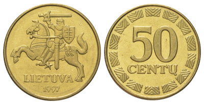 Литва 50 центов (сентов) 1997 KM 108 никель латунь UNC 4624-637