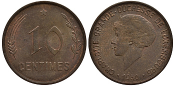 Люксембург 10 сантимов 1930 Шарлотта (1918-1964) KM 41 бронза 4538-734