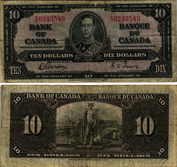 Канада 10 долларов 1937 Георг VI, подпись GORDON-TOWERS, BABNC Pick 61b  бумага   451-256-1