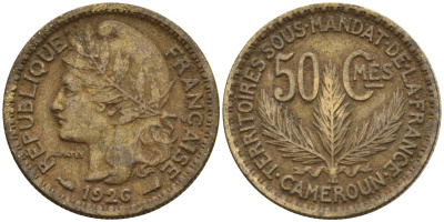 Камерун 50 сантимов 1926 (a), мондвор Париж KM 1 алюминиевая бронза 4169-1144