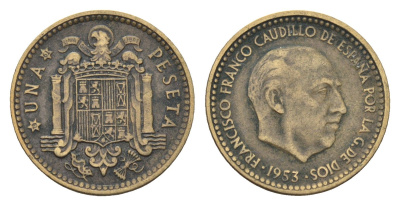 Испания 1 песета 1953 (61) Франсиско Франко (1939-1975) KM 775 алюминиевая бронза 4684-1045
