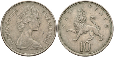 Великобритания 10 пенсов 1968 Елизавета II (1952-2022) KM 912, Spink 4231 (F1) медно-никель 4150-754