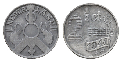 Нидерланды 2 1/2 цента 1941 Вильгельмина (1890-1948) KM 171 цинк 44-1121
