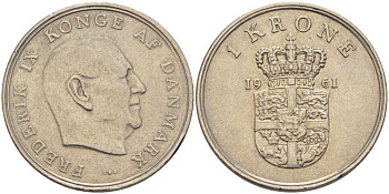 Дания 1 крона 1961 C; S, Фредерик IX (1947-1972) KM 851 медно-никель 202-756