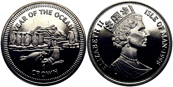 Остров Мэн 1 крона 1998 год океанов, пингвины и нерпа КМ 898 медно-никель UNC M81-05