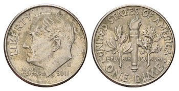 США 1 дайм (10 центов) 2011 D, Рузвельт KM 195a медь плакированный медно-никелем 4682-363
