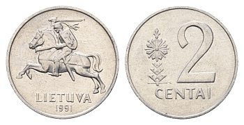 Литва 2 цента (сента) 1991 год-тип KM 86 алюминий aUNC 4689-1044
