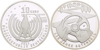 ФРГ 10 евро 2011 F, 125 лет первому автомобилю KM 296, DE.S 10.56 медно-никель BUNC 1082-9-32