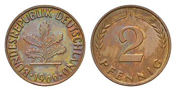 ФРГ 2 пфеннига 1966 F KM 106, J. 381 бронза 4516-1058
