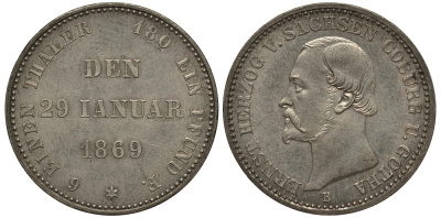 Саксен-Кобург-Гота 1/6 талера 1869 B, 25 лет правления, Эрнст II (1844-1893) KM 119 серебро UNC 00-000-00