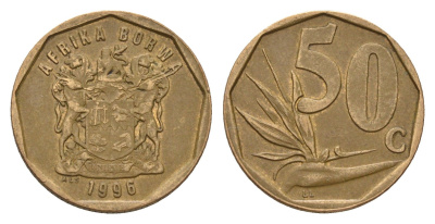 ЮАР 50 центов 1996 Зантедеския Эллиота (калла), герб KM 163 сталь плакированная бронзой 4660-1026