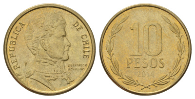 Чили 10 песо 2014 KM 228 никель латунь UNC 4171-612