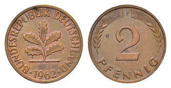 ФРГ 2 пфеннига 1962 F KM 106, J. 381 бронза 4567-314