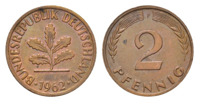 ФРГ 2 пфеннига 1962 F KM 106, J. 381 бронза 4567-314