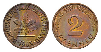 ФРГ 2 пфеннига 1965 F KM 106, J. 381 бронза 4147-455