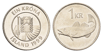 Исландия 1 крона 1999 треска KM 27a сталь плакированная никелем UNC 4687-846