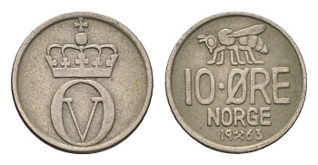 Норвегия 10 эре 1963 Улаф V (1957-1991) KM 411 медно-никель 4702-268