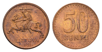 Литва 50 центов (сентов) 1991 год-тип KM 90 бронза aUNC 4651-551